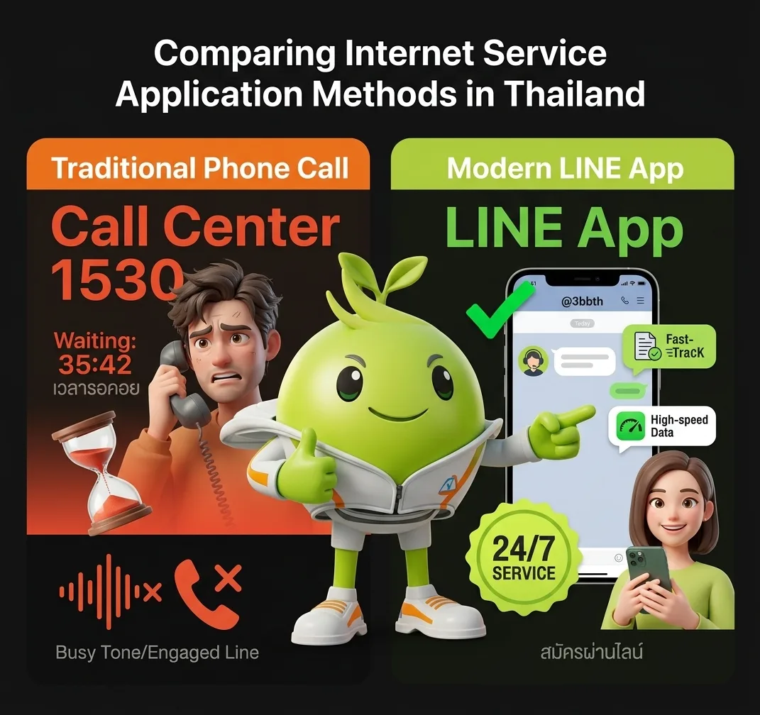 เปรียบเทียบการสมัครเน็ตบ้านผ่านโทร Call Center 1530 กับแอดไลน์ @3bbth