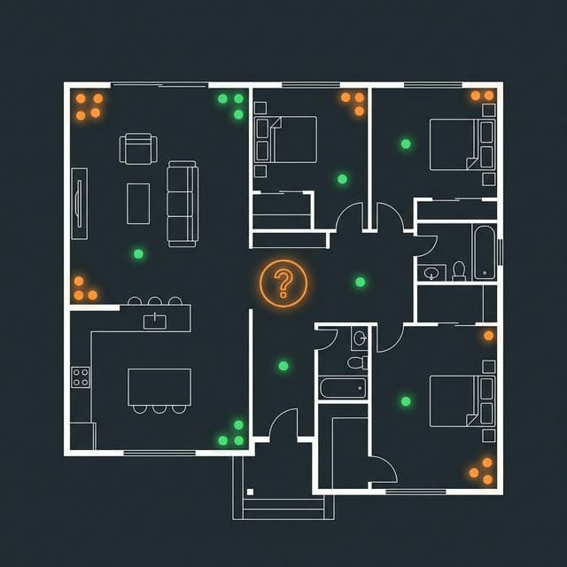 ผังบ้านแสดงตำแหน่งที่เป็นไปได้ในการวางเราเตอร์ WiFi