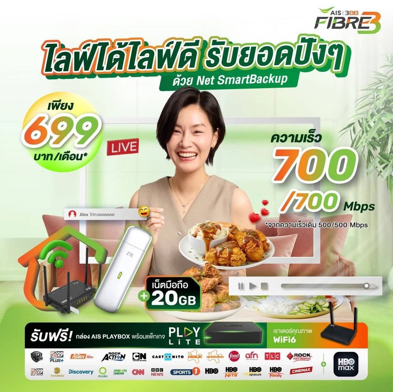 แพ็ก Net SmartBackup ความเร็ว 700/700 Mbps ราคา 699 บาทต่อเดือน พร้อมเน็ตสำรองอัตโนมัติ