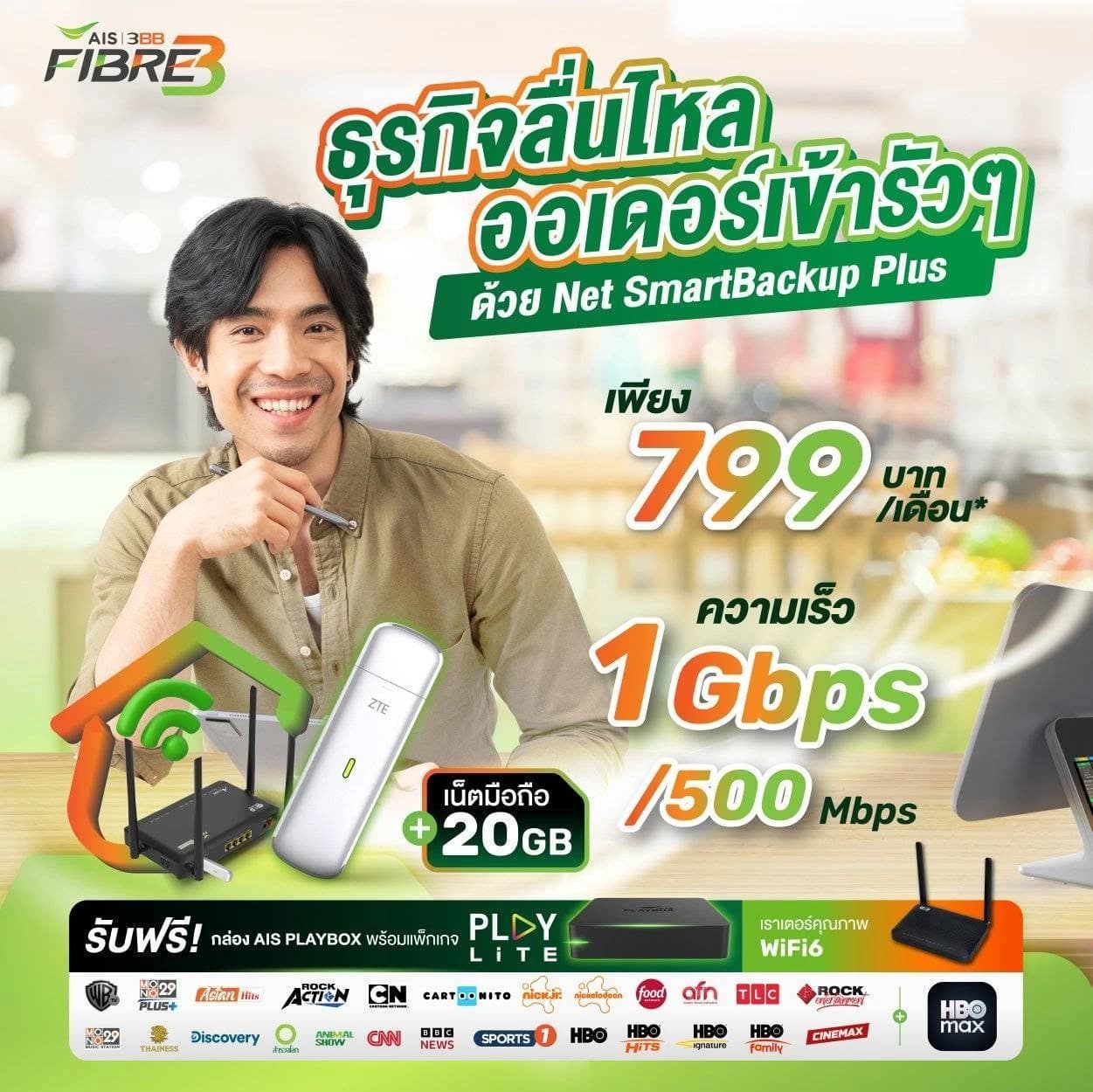 แพ็ก Net SmartBackup Plus ความเร็ว 1Gbps/500 Mbps ราคา 799 บาทต่อเดือน พร้อมเน็ตสำรองอัตโนมัติ