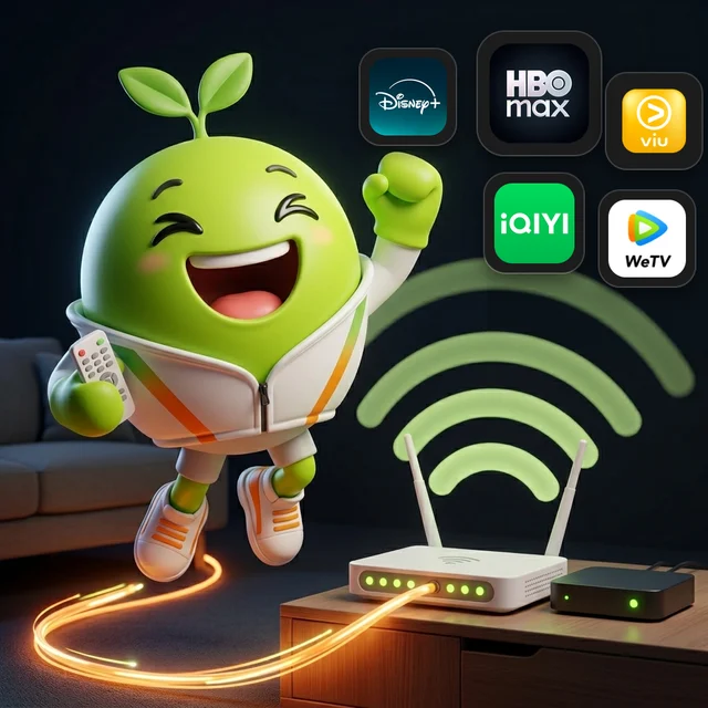 Oonjai, the AIS mascot, jumping with a remote in hand in front of a WiFi router, a glowing fibre optic cable and tiles showing the logos of the 5 streaming channels included in the Net Entertainment package