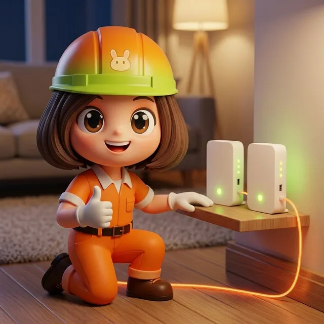 Som Jeed, the 3BB installation technician mascot, giving a thumbs up after setting up two WiFi routers on a shelf at home, for the Super FAST Plus 7 plan