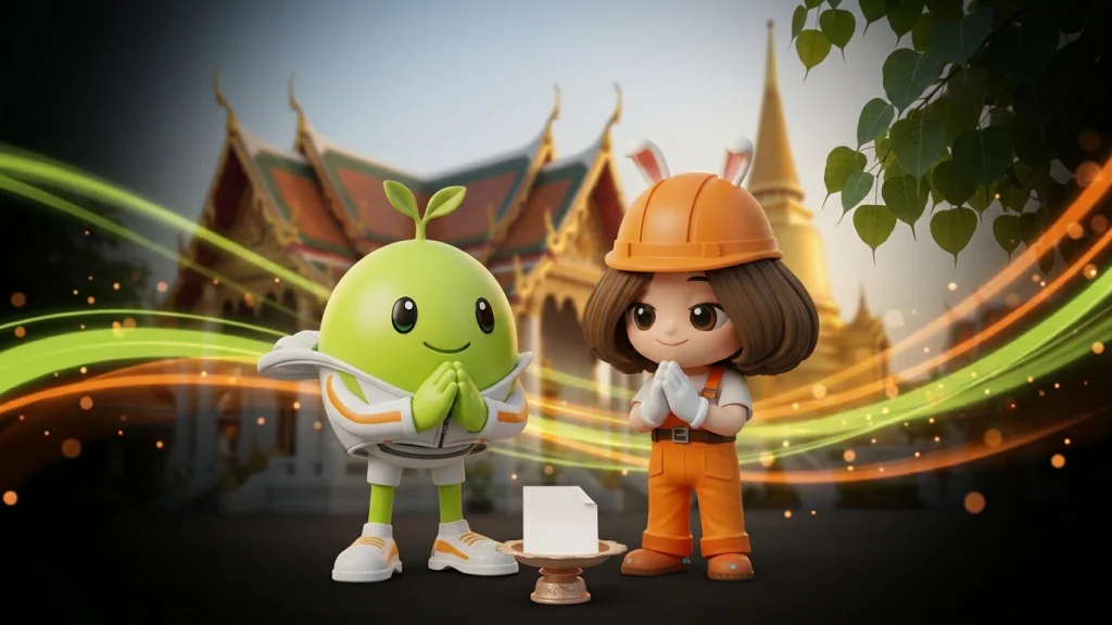 มาสคอตอุ่นใจและส้มจี๊ดพนมมือไหว้ข้างเอกสารที่วางบนพาน ฉากหลังเป็นวัดไทยที่มีโบสถ์ เจดีย์ทอง และใบโพธิ์