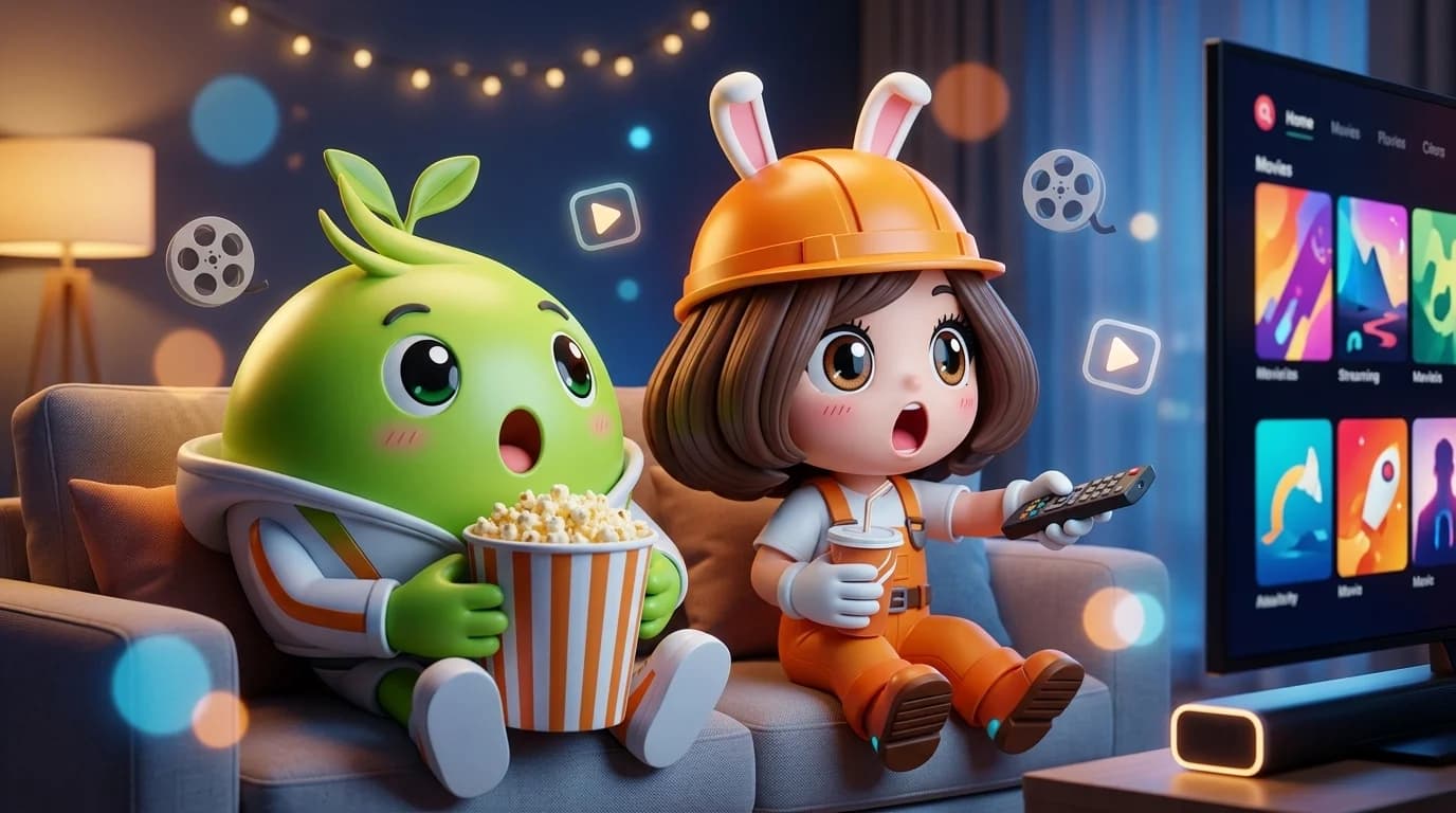 มาสคอตอุ่นใจและส้มจี๊ดดูทีวีด้วยกัน popcorn บนโซฟา mood บันเทิงเต็มขั้น