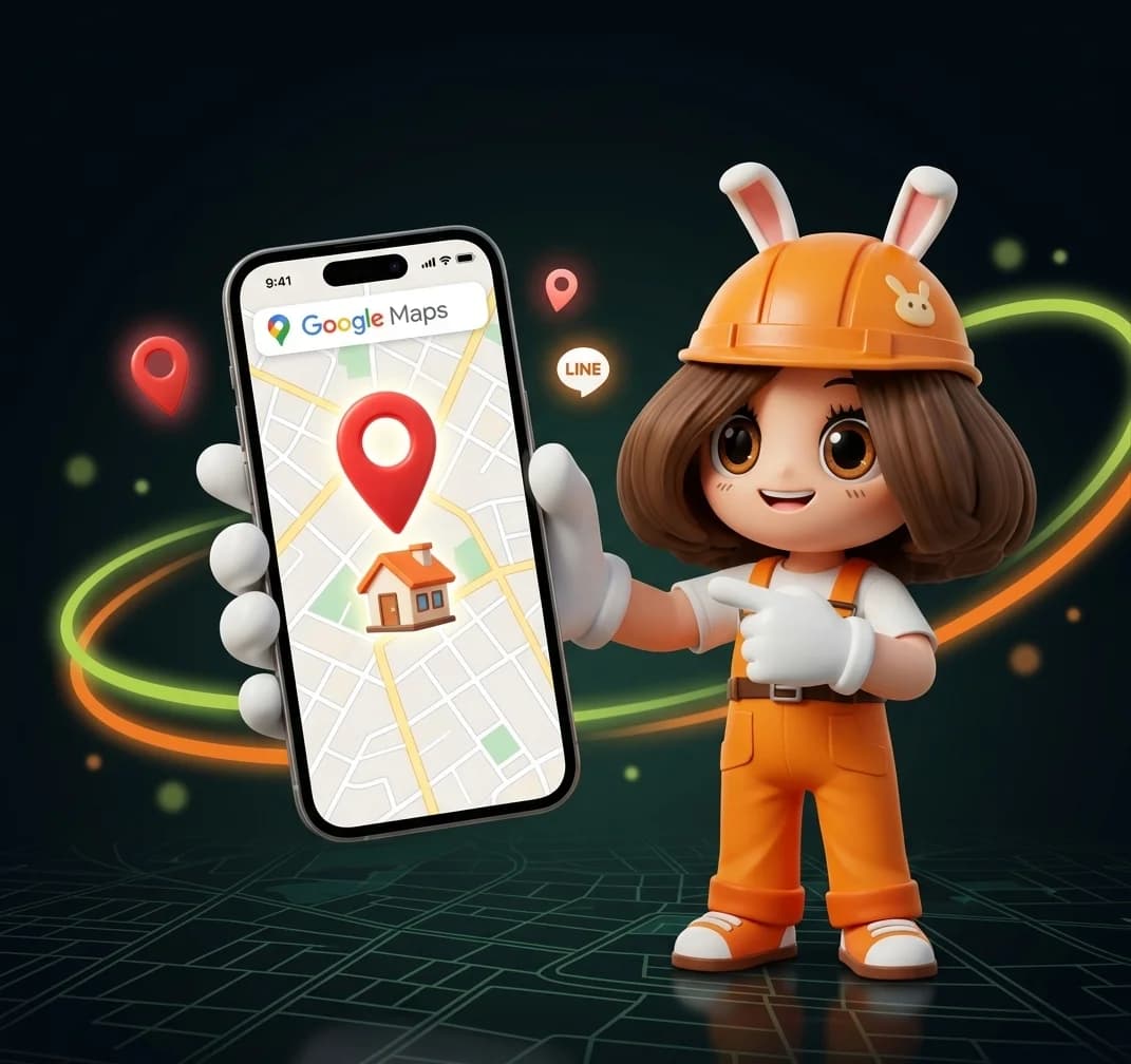 ส้มจี๊ด ช่าง 3BB ถือมือถือโชว์การปักหมุดบ้านบน Google Maps พร้อมส่งพิกัดทางไลน์ @3bbth