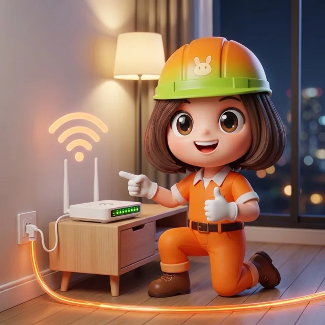 มาสคอต ส้มจี๊ด ของ 3BB ชี้ให้ดูช่องเสียบสายเน็ตเดิมในห้องคอนโด พร้อม Router VDSL WiFi ของแพ็กเกจเน็ตคอนโด Broadband Condo 269 บาทต่อเดือน